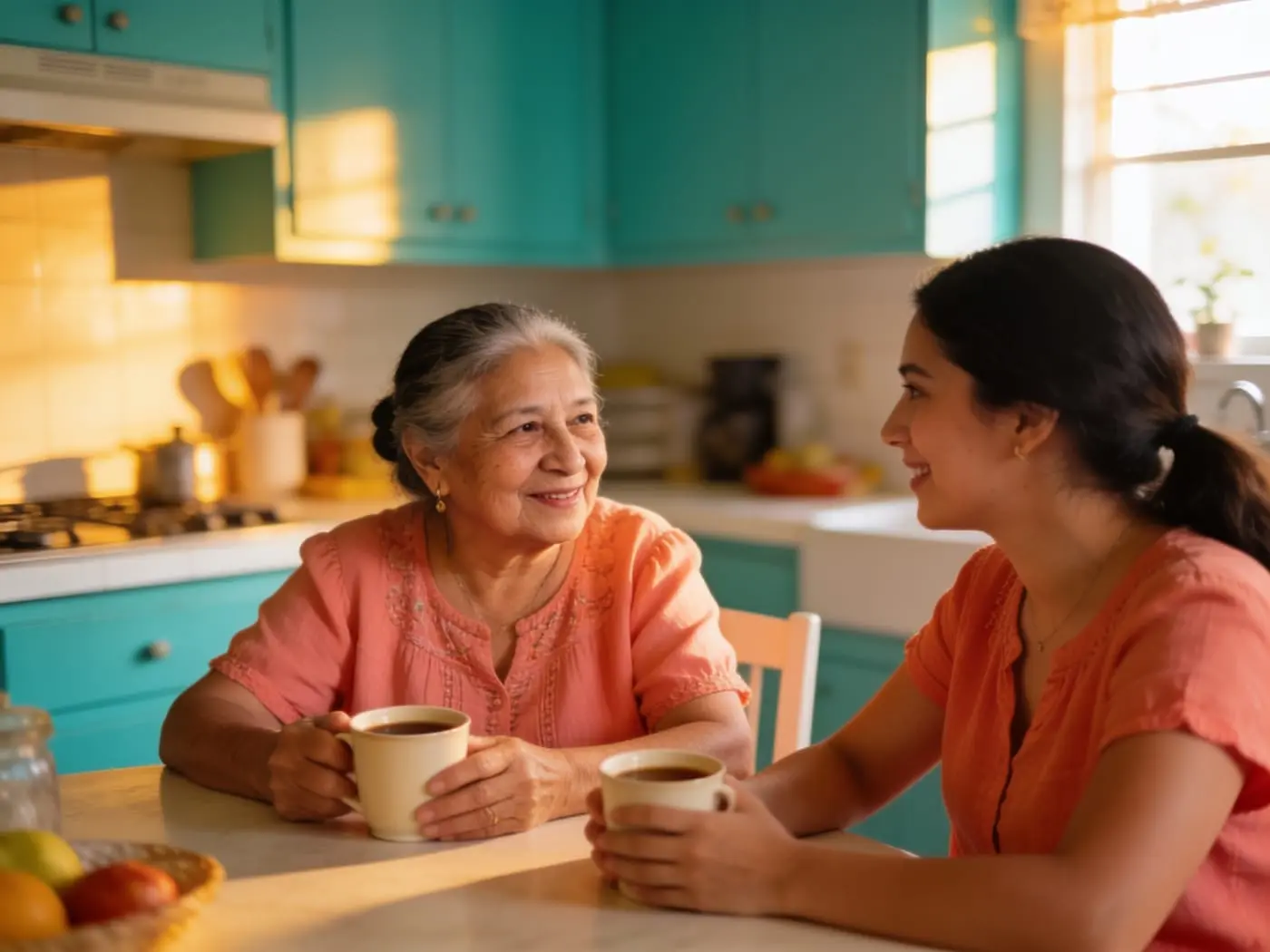 Madre e hija adulta conversando con café en la cocina, complicidad entre generaciones