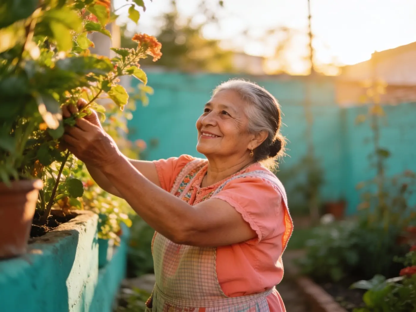 Mujer de 60 años cuidando su jardín con serenidad y postura erguida