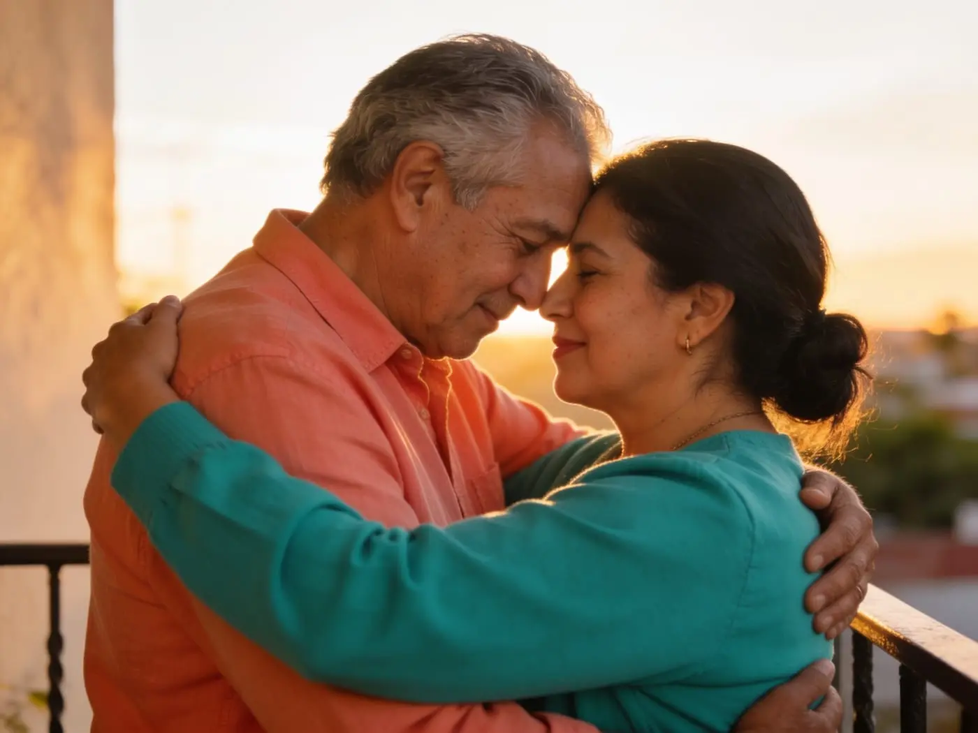 Pareja abrazada con ternura al atardecer, cercanía y confianza
