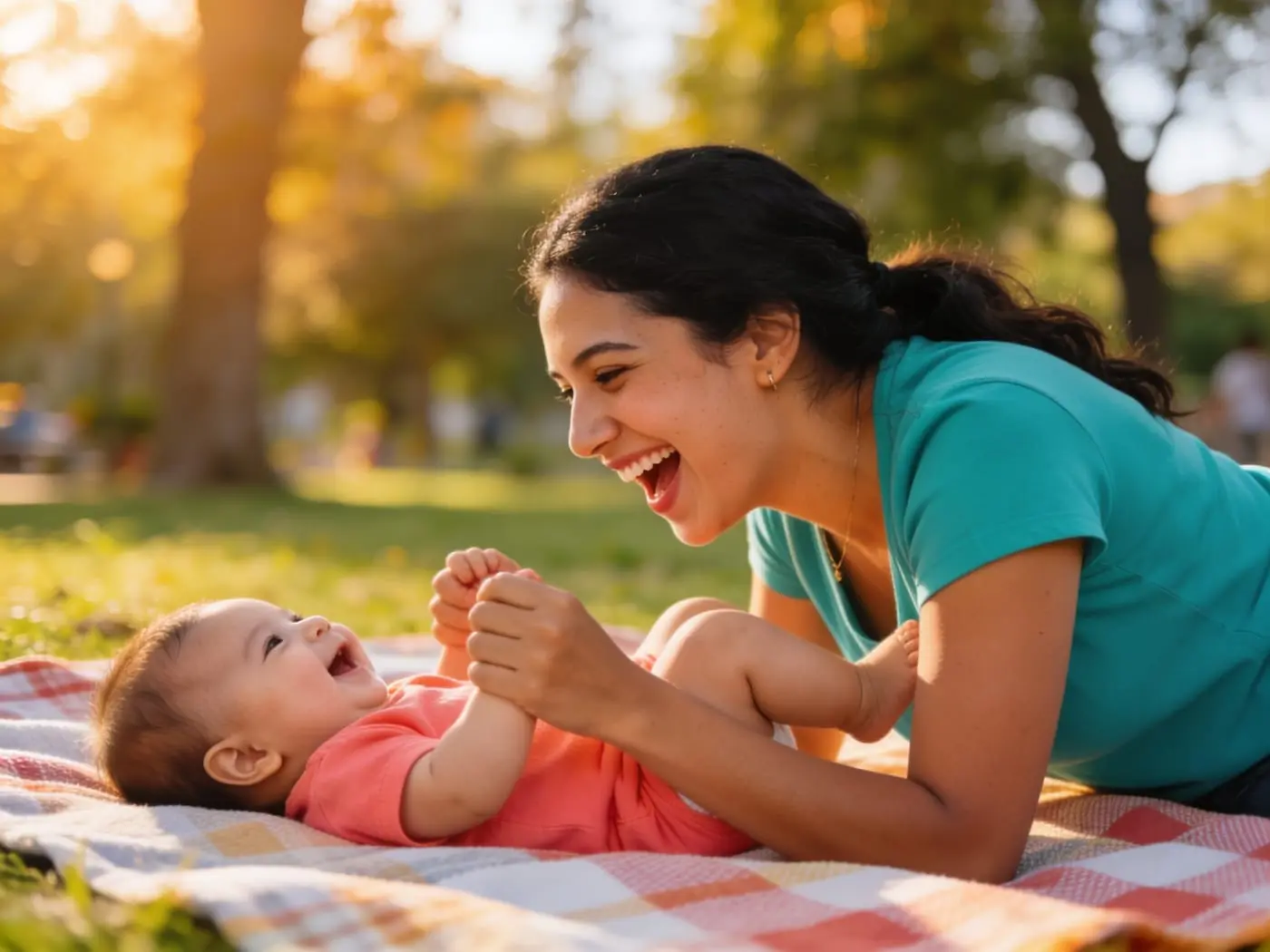 Mamá joven jugando y riendo con su bebé en el parque