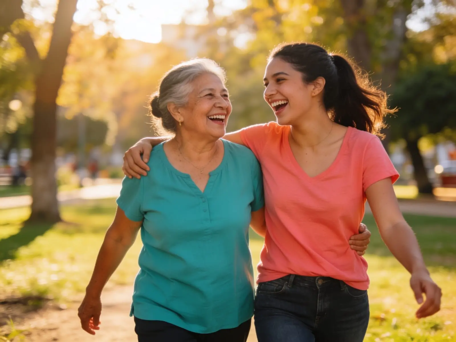 Madre e hija caminando abrazadas y riendo en un parque al atardecer