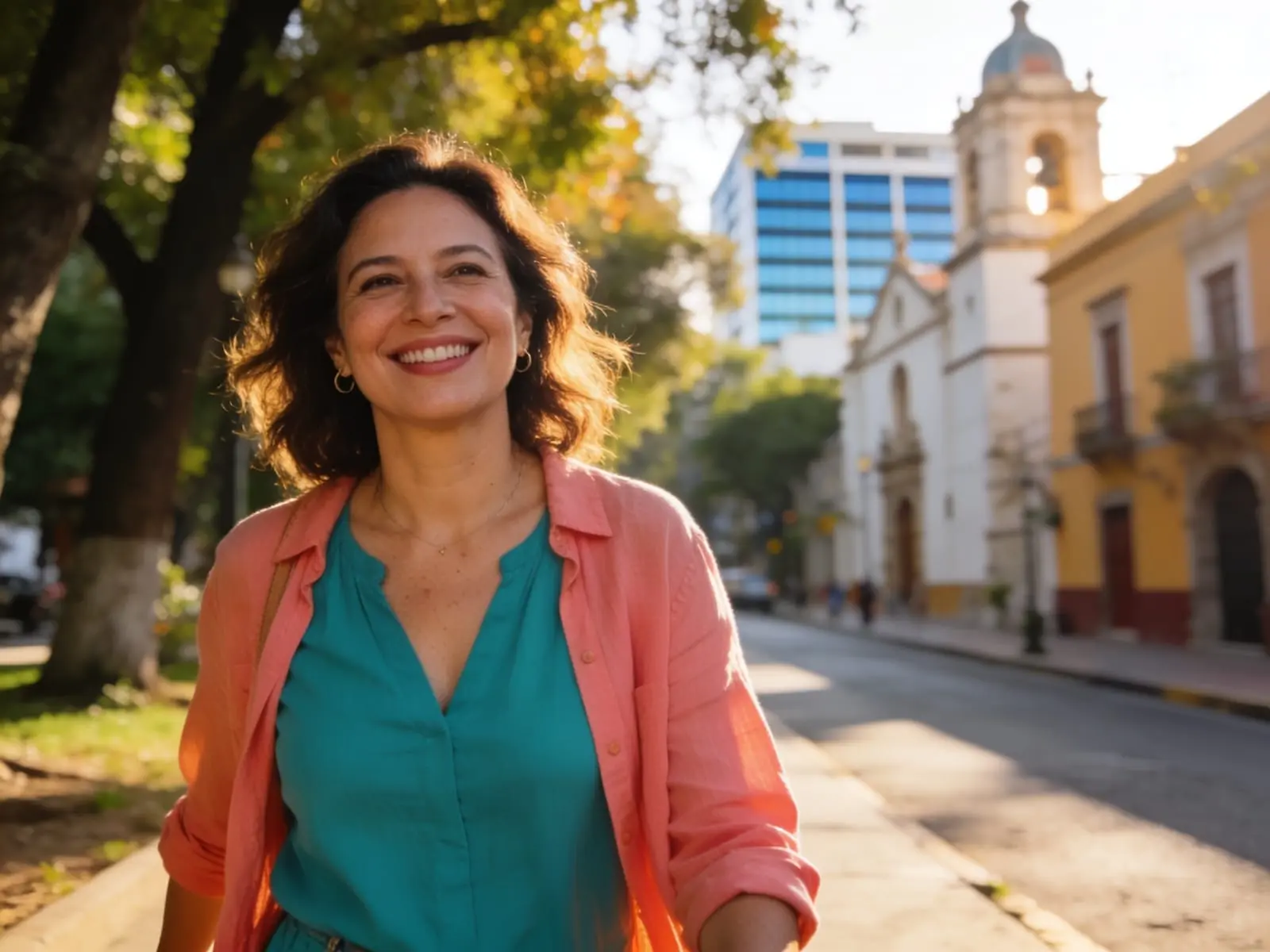 Mujer caminando con seguridad por una avenida arbolada de Guadalajara