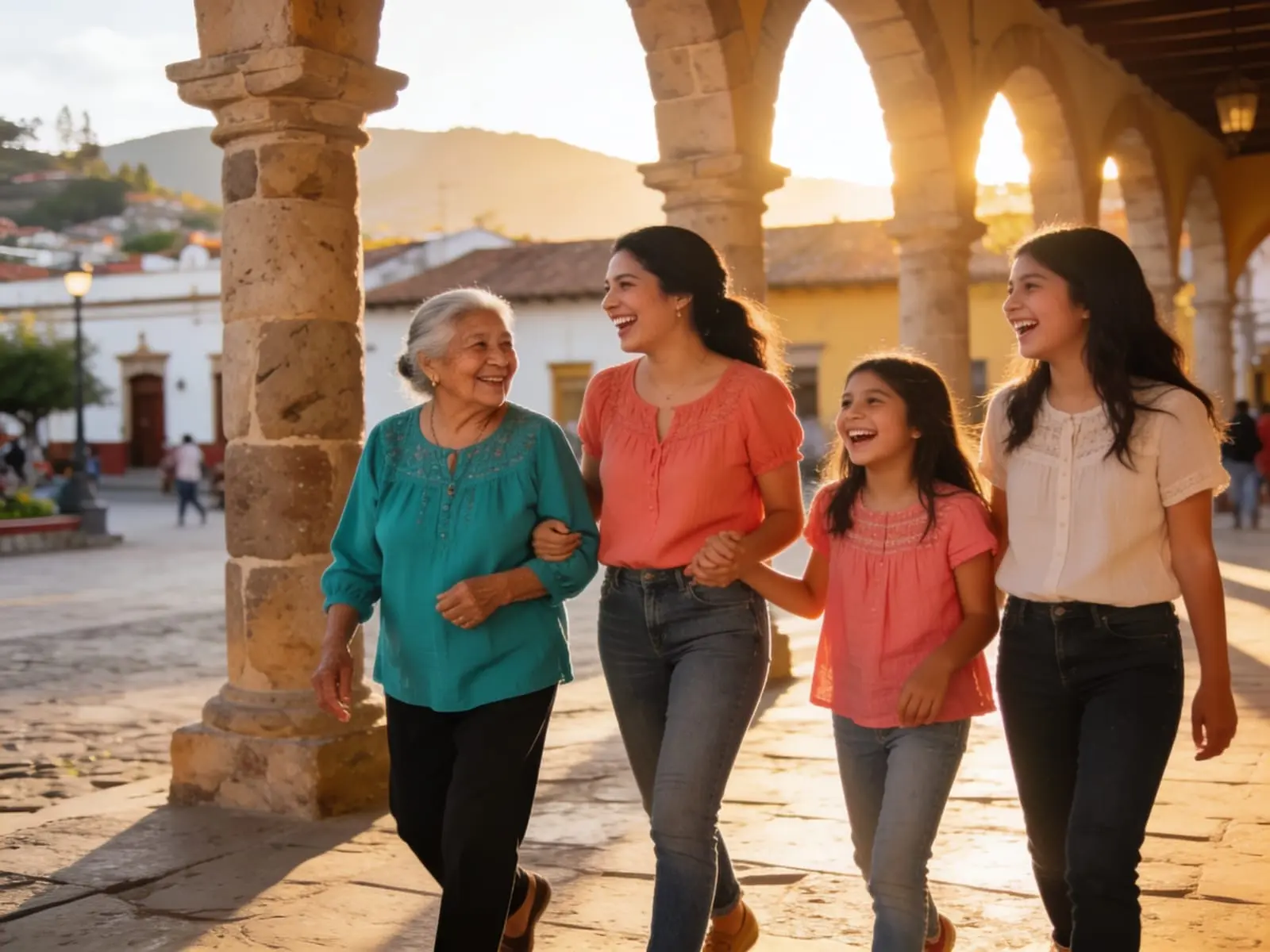 Familia de varias generaciones paseando y riendo en una plaza de los Altos de Jalisco