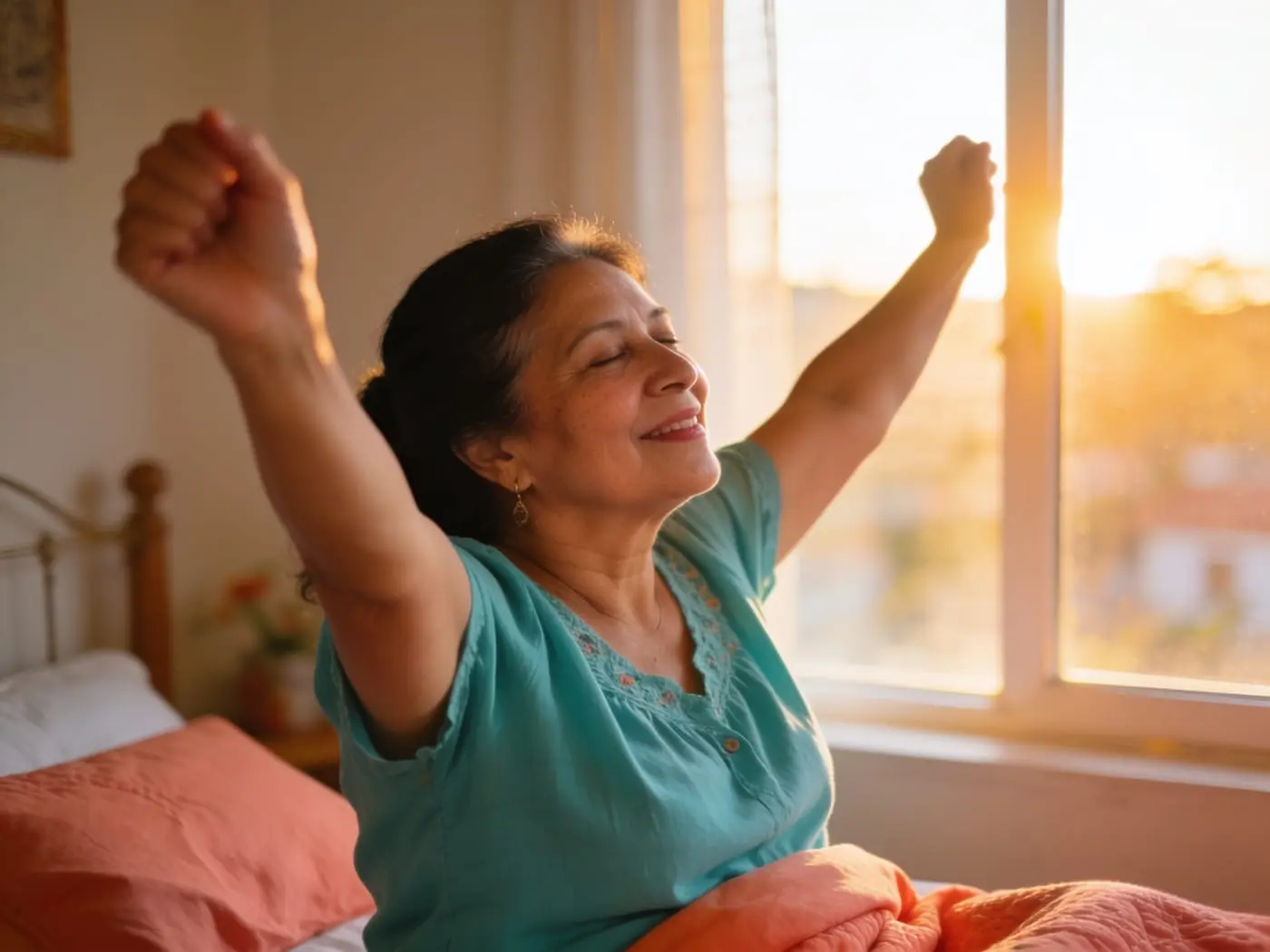 Mujer despertando descansada y estirándose al amanecer tras dormir toda la noche