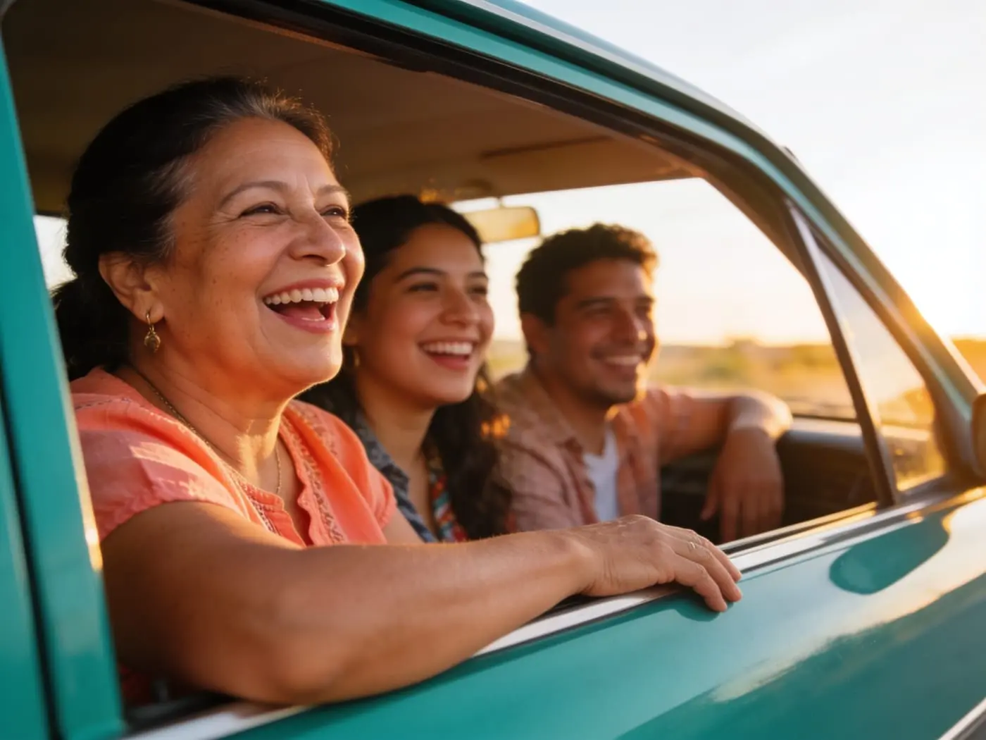 Mujer disfrutando un viaje por carretera con amigas, libre y sin pendientes
