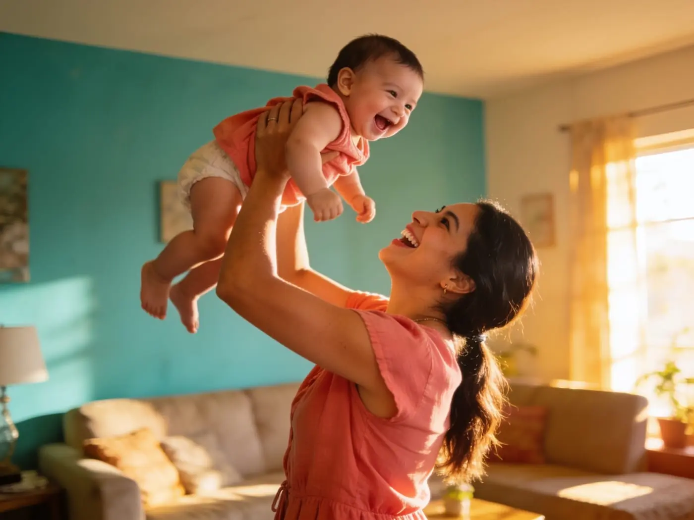 Mamá alzando a su bebé en brazos, ambas riendo con confianza