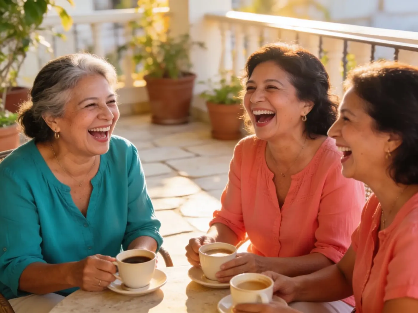 Mujeres maduras riendo a carcajadas en una terraza, sin preocupaciones