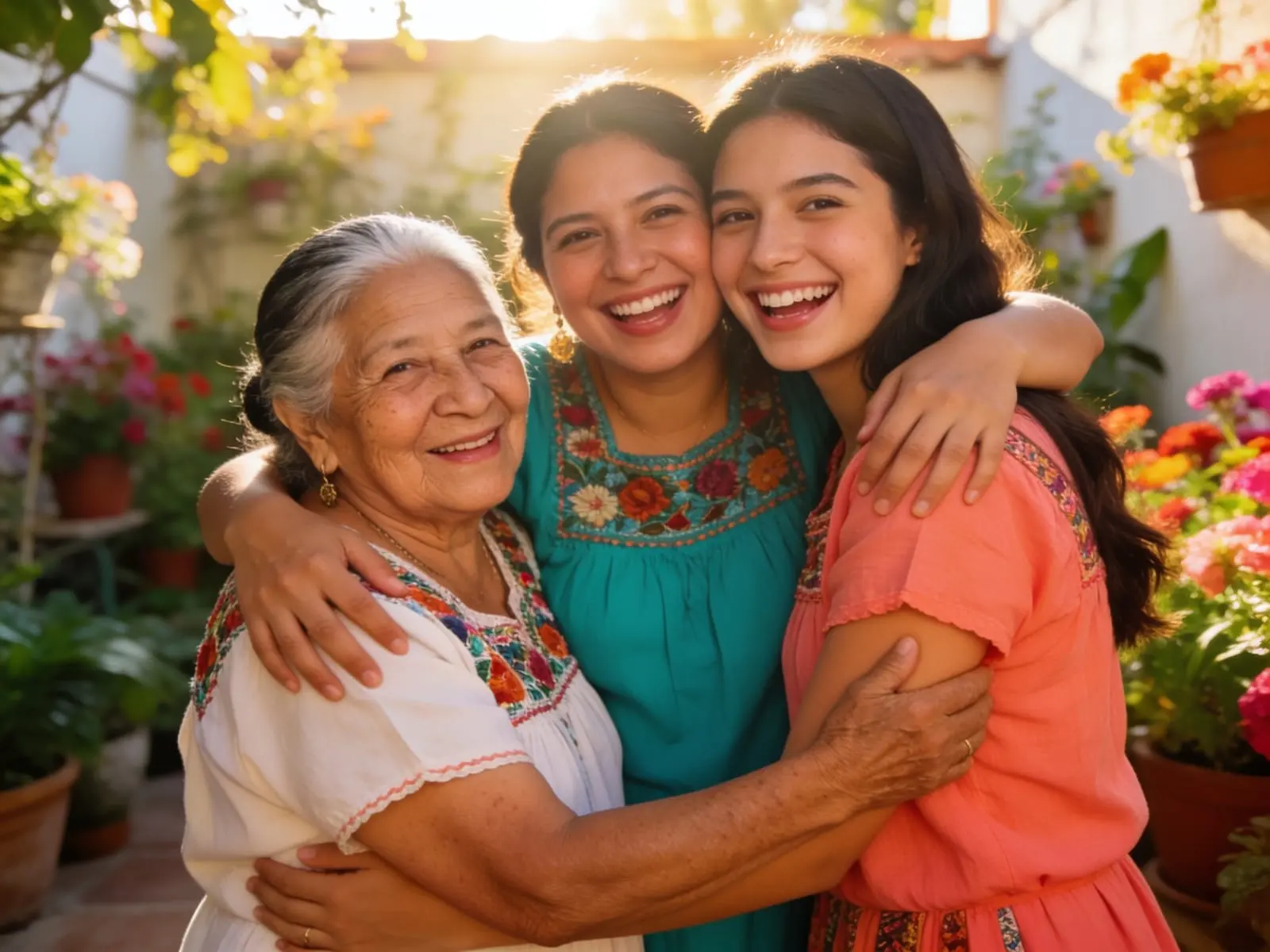 Tres generaciones de mujeres —abuela, madre e hija— abrazadas y riendo en un patio