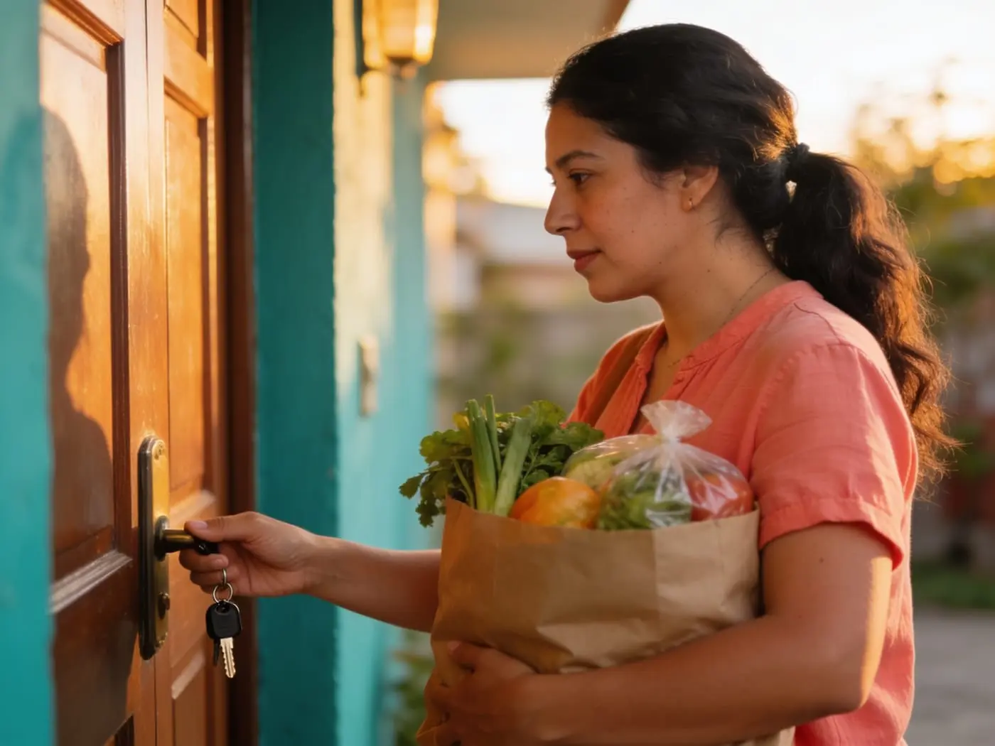 Mujer llegando a casa tranquila, abriendo la puerta sin prisa